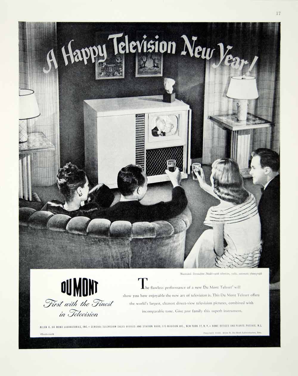 1947 Ad New Year Television Du Mont Teleset Allen Dinner Party 515 Madison FTM