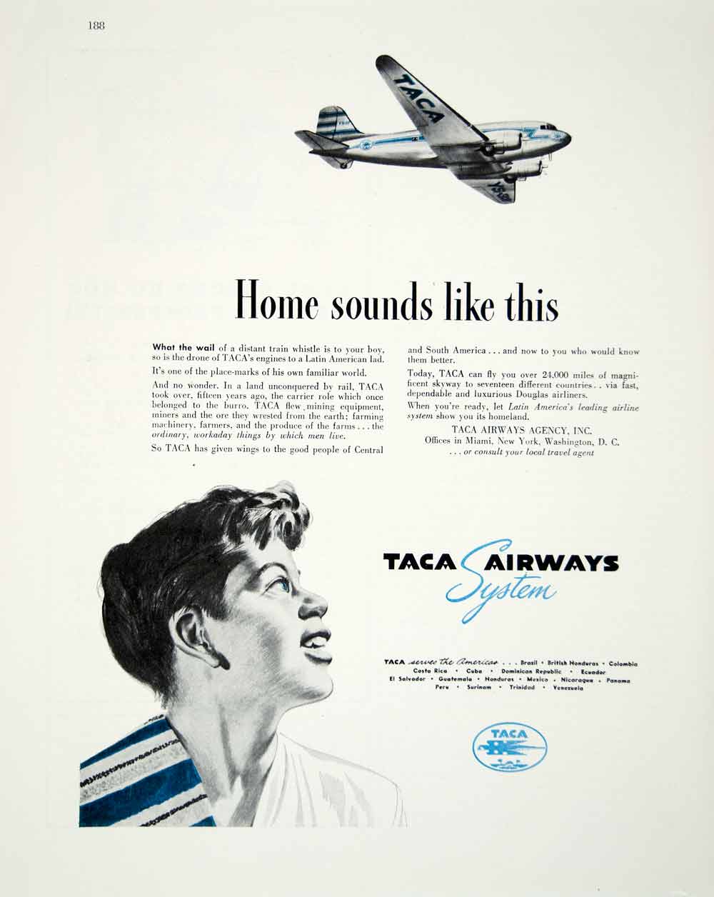 1947 Ad Taca Airways Latin America Airline Plane Boy Douglas Aeroplane FTM
