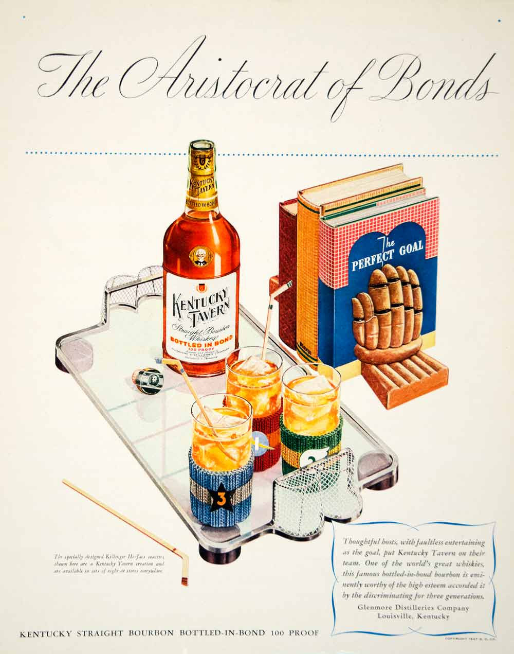 1947 Ad Kentucky Straight Bourbon Hockey Tavern Rink Alcohol Goal Glass FTM - Period Paper
