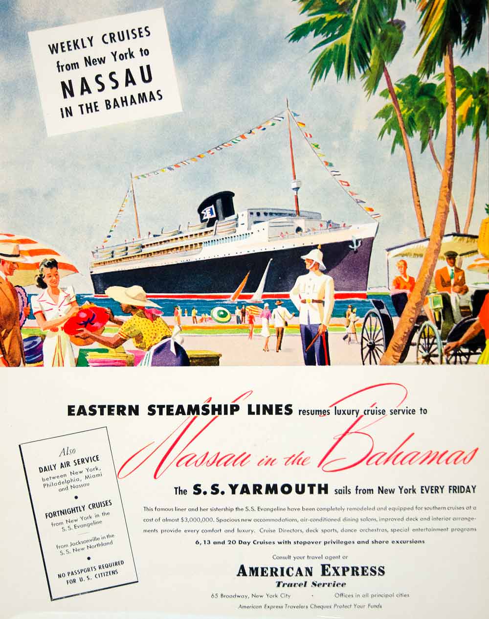 1947 Ad SS Yarmouth American Express Nassau Bahamas Cruise Evangeline FTM