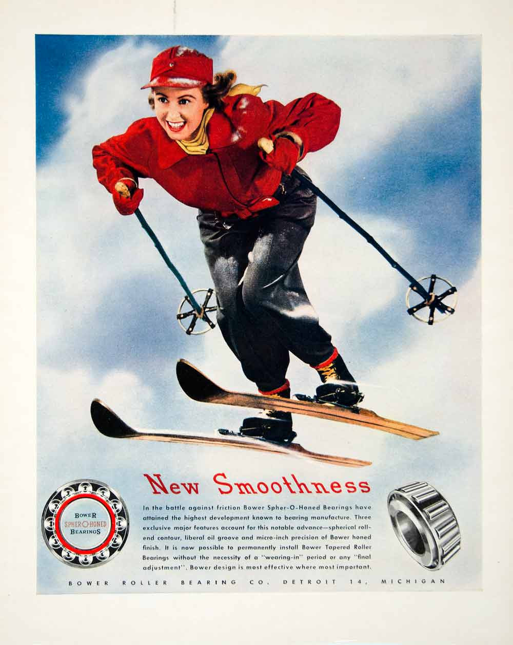 1947 Ad Bower Spher-O-Honed Bearings Skiing Skier Roller Detroit Tapered FTM