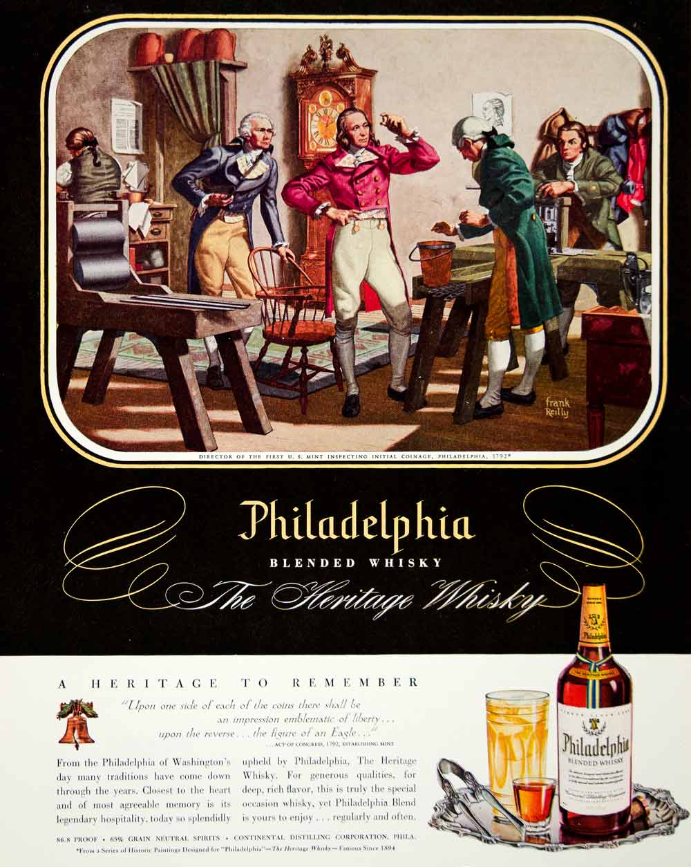 1947 Ad Philadelphia Heritage Blended Whisky Frank Reilly Liberty Bell US FTM
