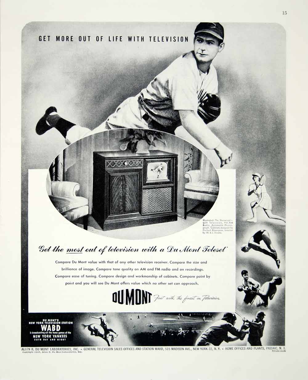 1947 Ad Du Mont Television Set Baseball Player Tennis Sports View TV WABD FTM