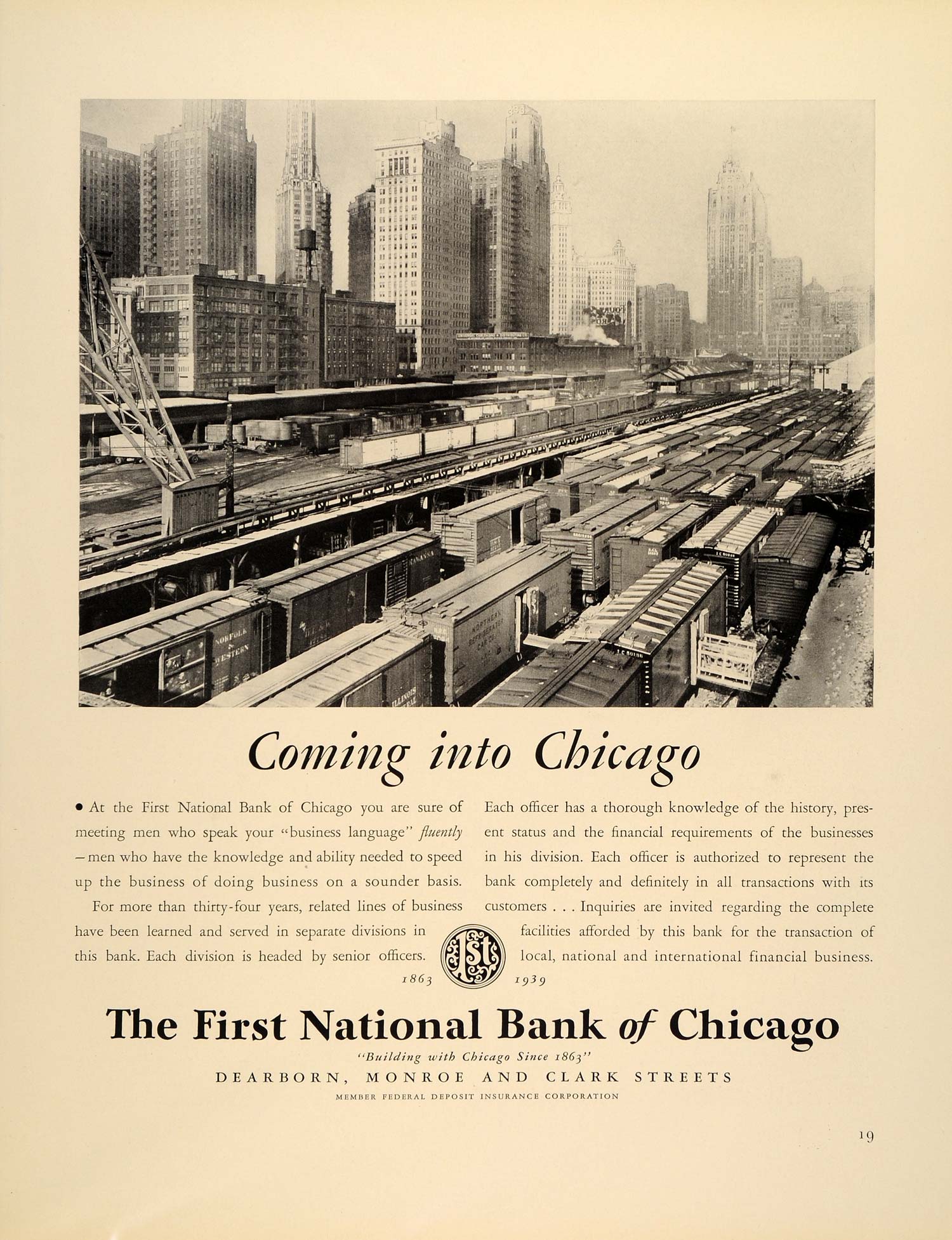 1939 Ad First National Bank Chicago Monroe Clark Trains - ORIGINAL FTT9