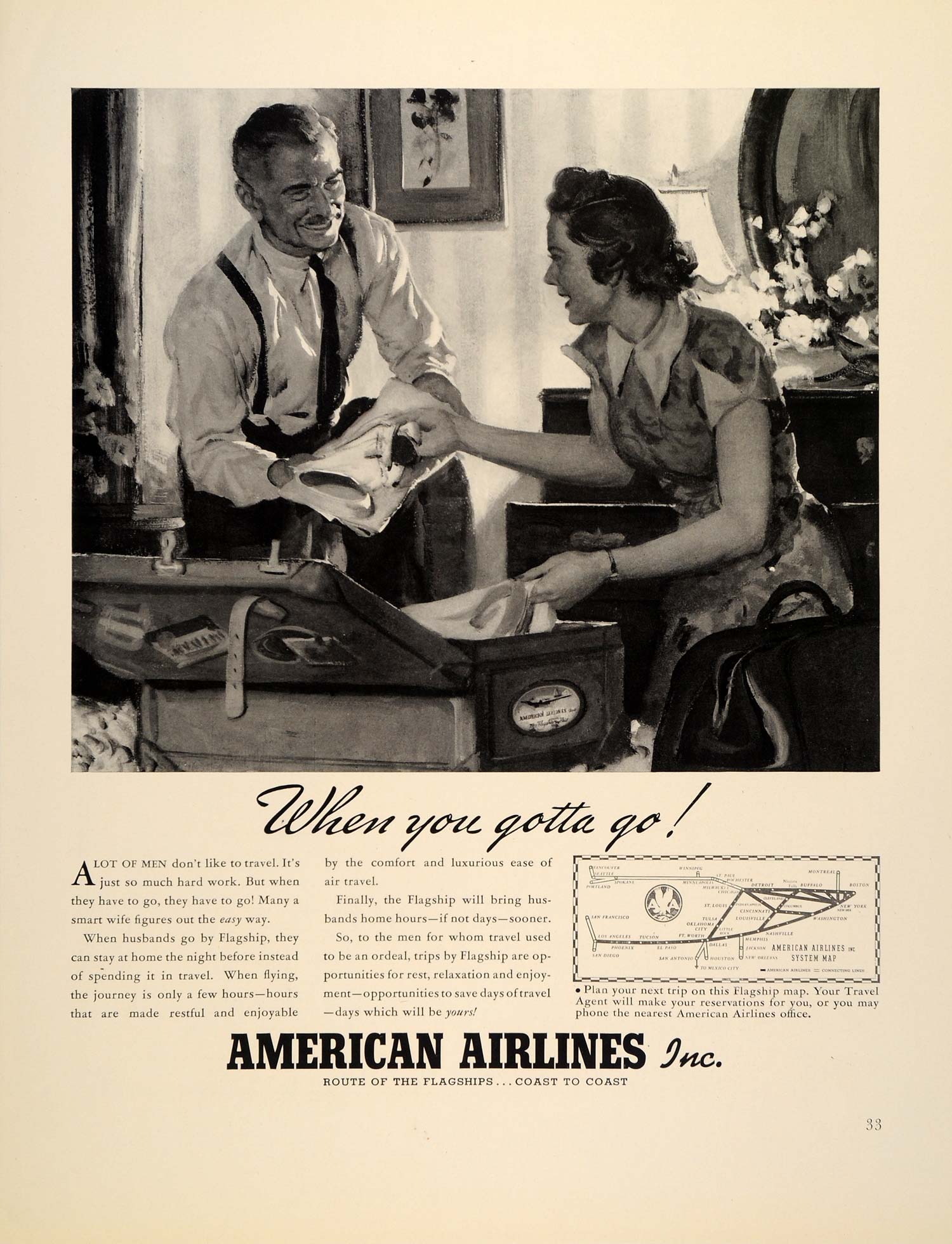 1939 Ad American Airlines Flagship Plane Packing Couple - ORIGINAL FTT9