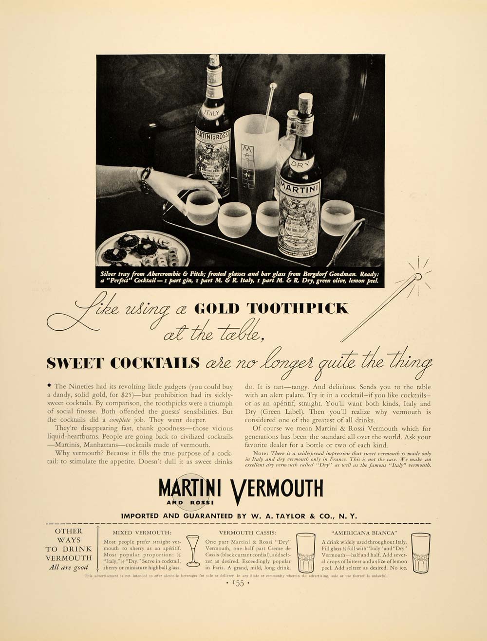 1934 Ad Vintage Martini Rossi Vermouth Bergdorf Goodman - ORIGINAL FTT9