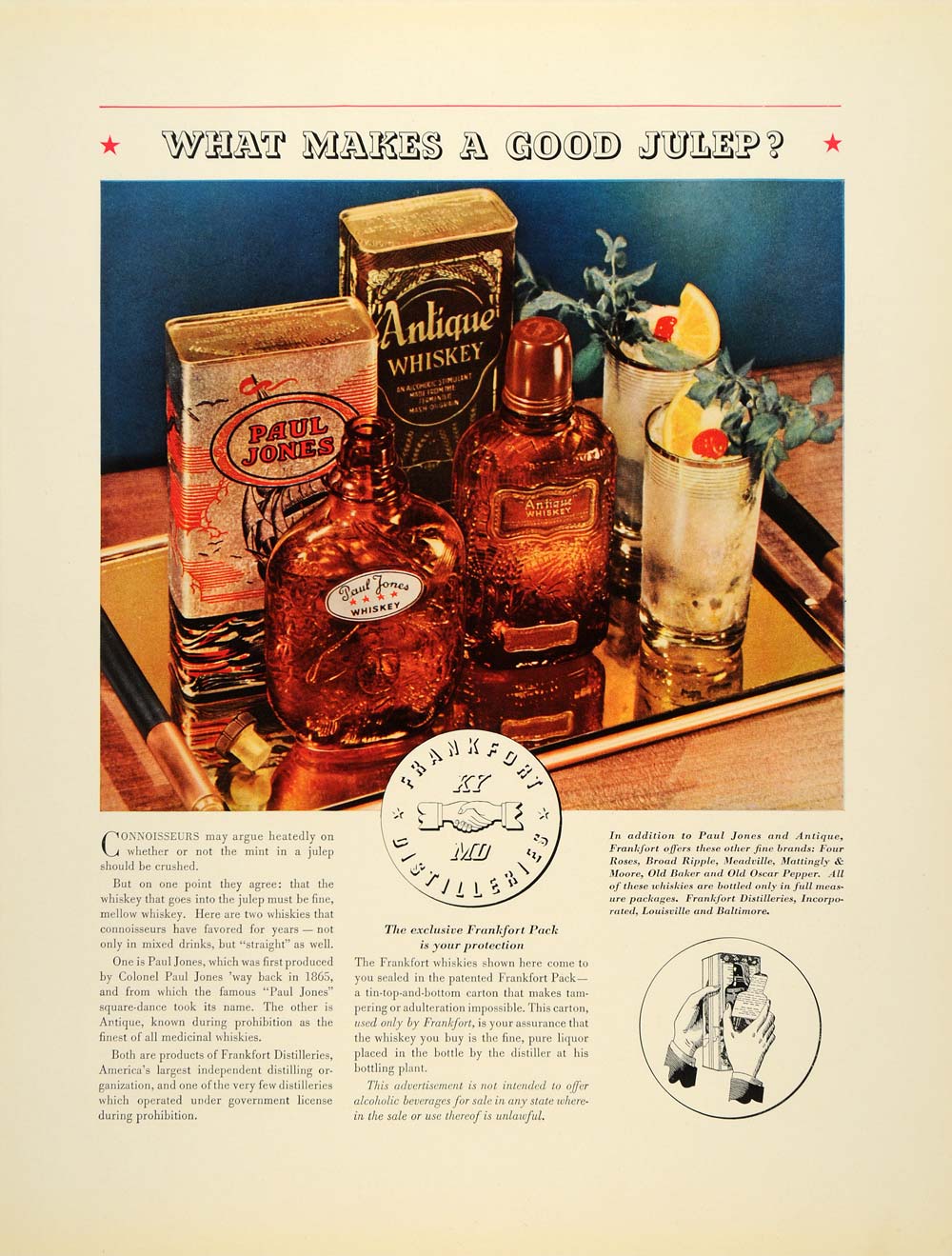 1934 Ad Frankfurt Whiskies Julep Whiskey Paul Jones - ORIGINAL ADVERTISING FTT9