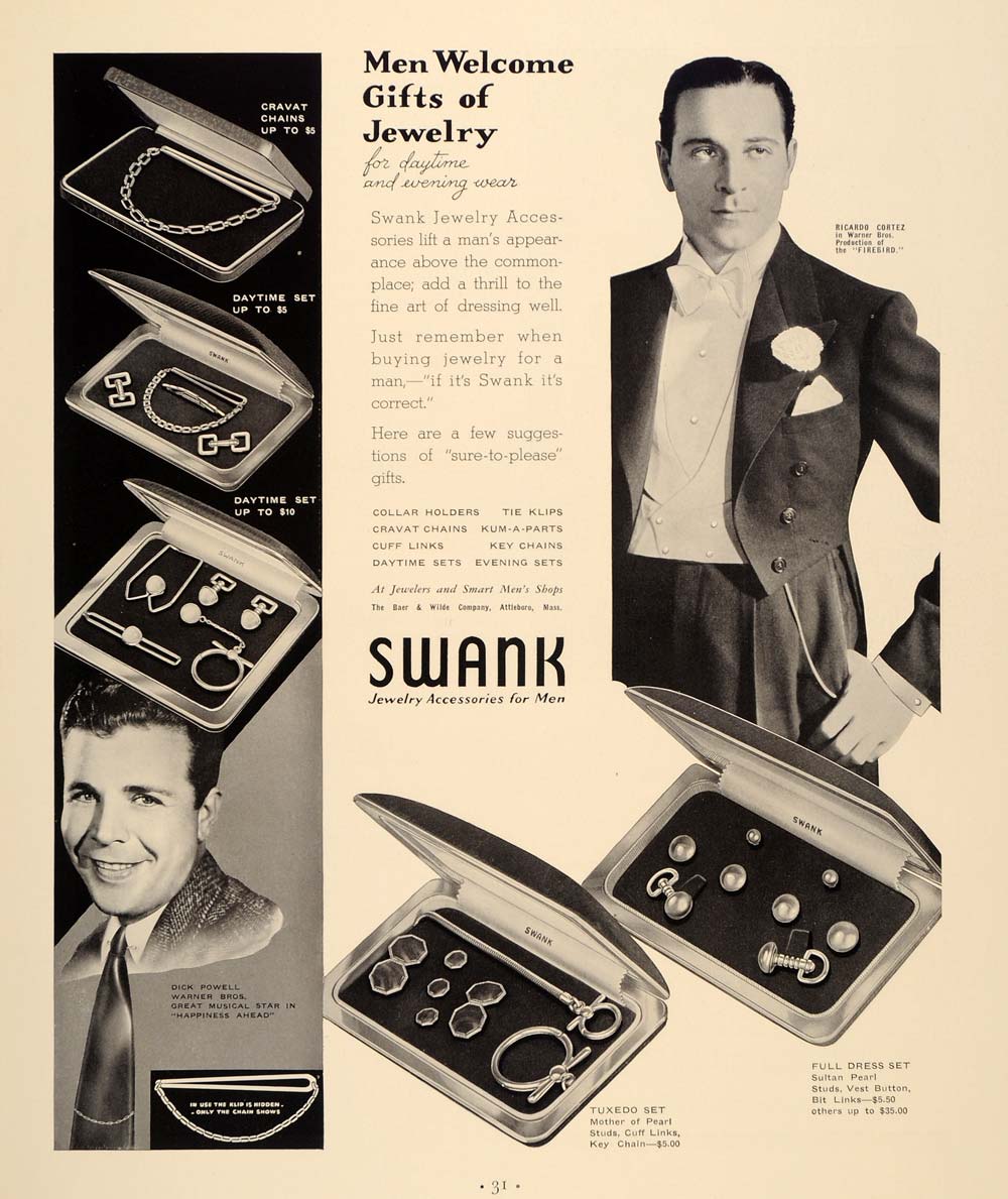 1934 Ad Swank Jewelry Pearl Cufflinks Mens Tuxedos - ORIGINAL ADVERTISING FTT9