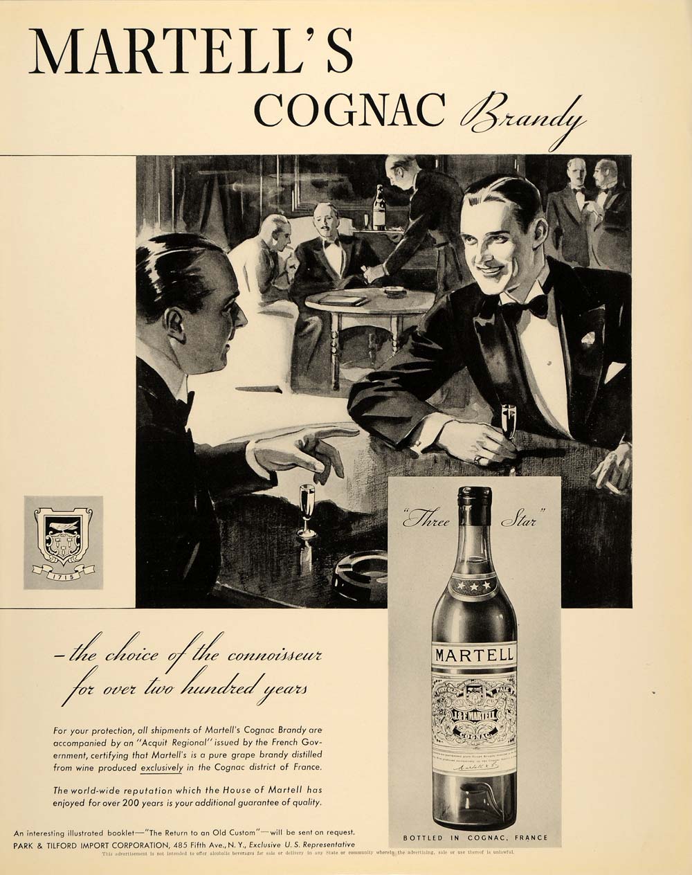 1934 Ad Martell's Cognac Brandy Bottle France Party - ORIGINAL ADVERTISING FTT9