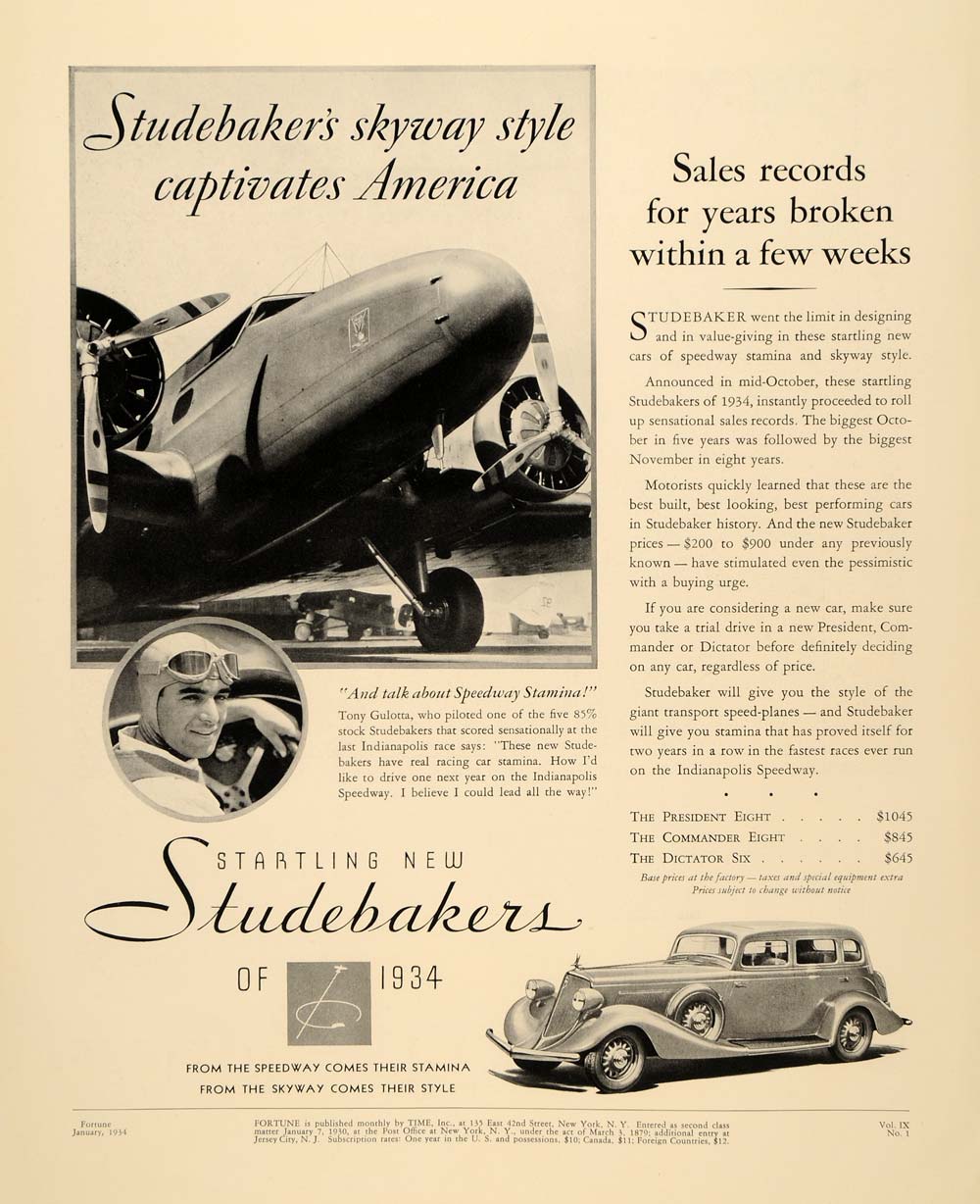 1934 Ad Studebaker Airplane Aviation Vintage Automobile - ORIGINAL FTT9