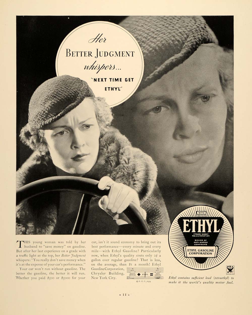 1934 Ad Ethyl Gasoline Oil Woman Driving Motor Oil - ORIGINAL ADVERTISING FTT9
