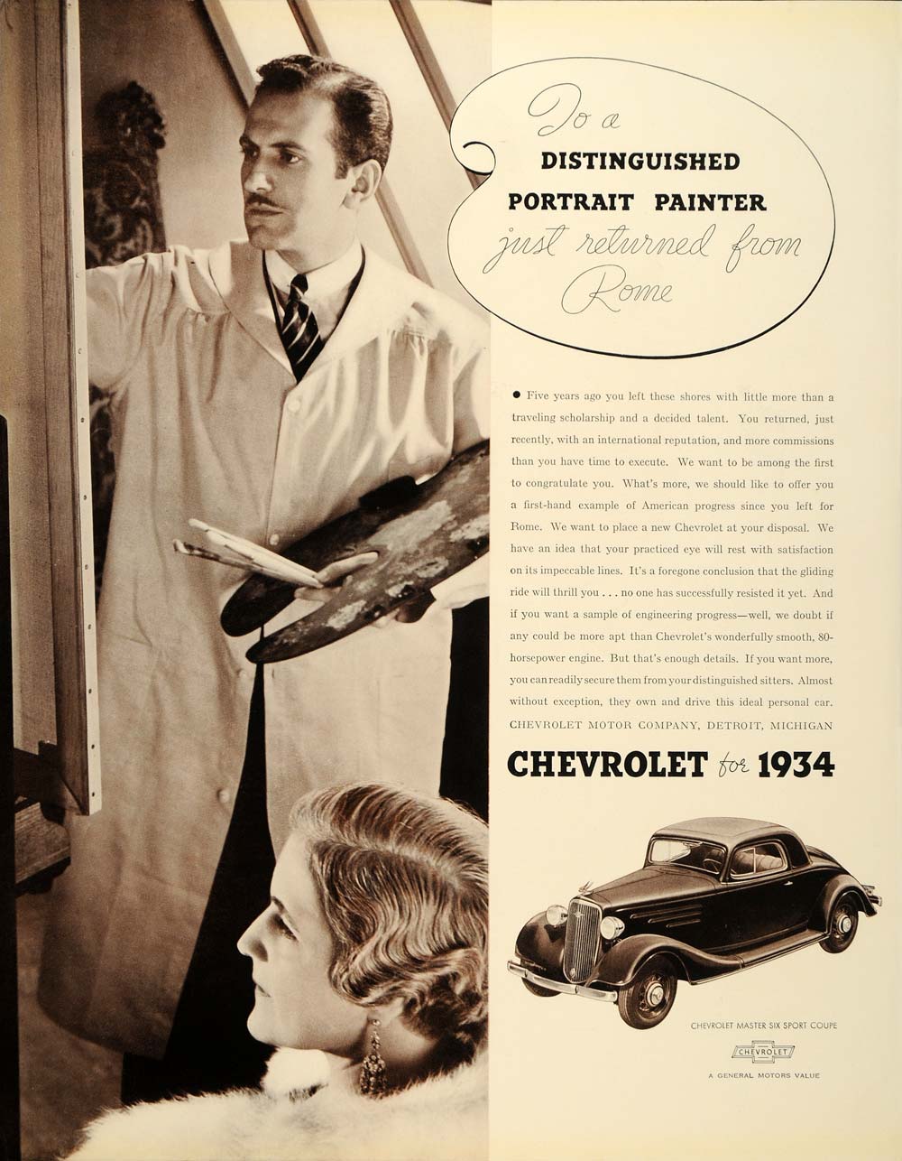 1934 Ad Chevrolet Antique Cars Portrait Painter Rome - ORIGINAL ADVERTISING FTT9