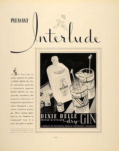 1934 Ad Dixie Belle Triple Distilled Gin Philadelphia - ORIGINAL FTT9