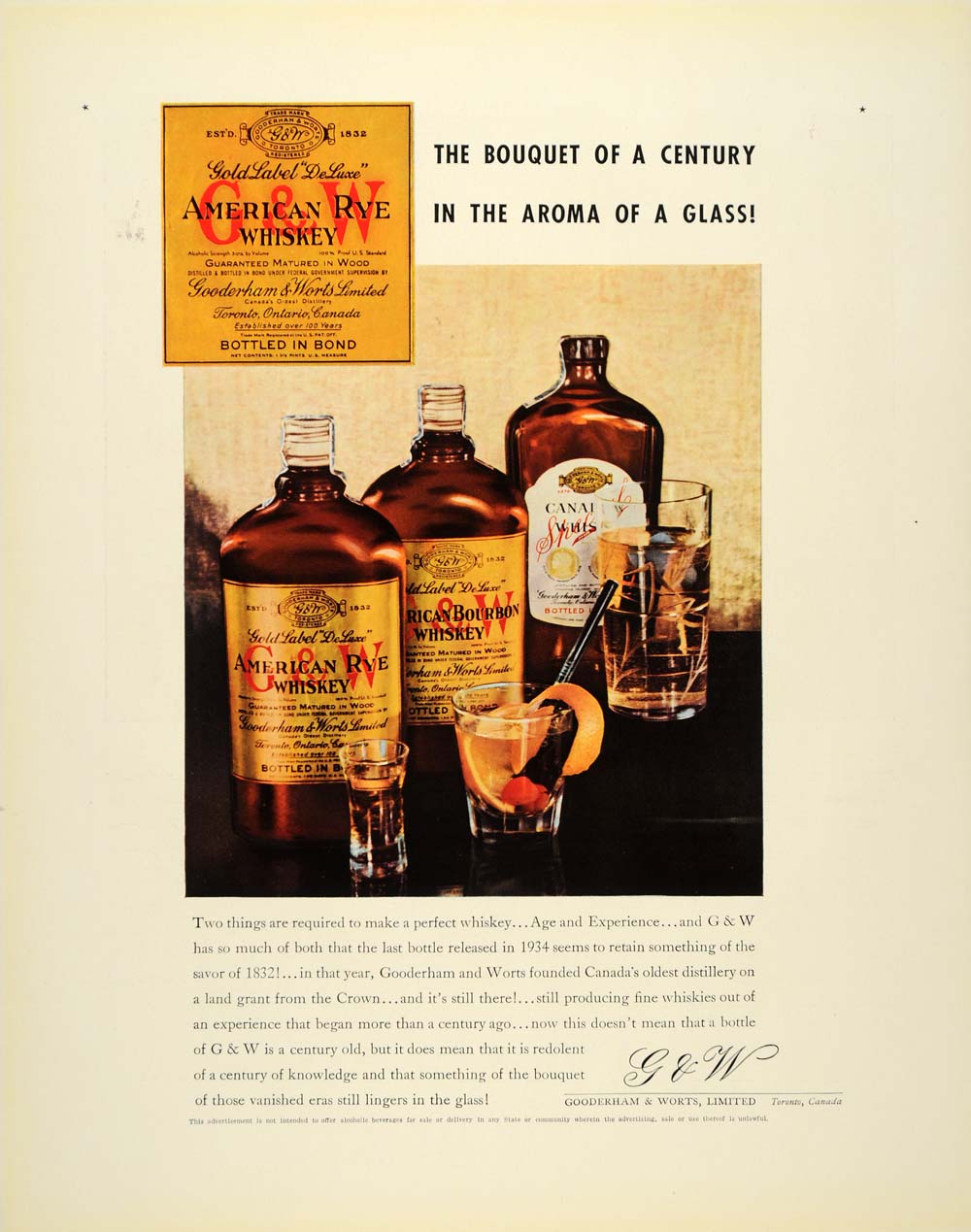 1934 Ad American Rye Whiskey Shots Ice Glass Bottles - ORIGINAL ADVERTISING FTT9