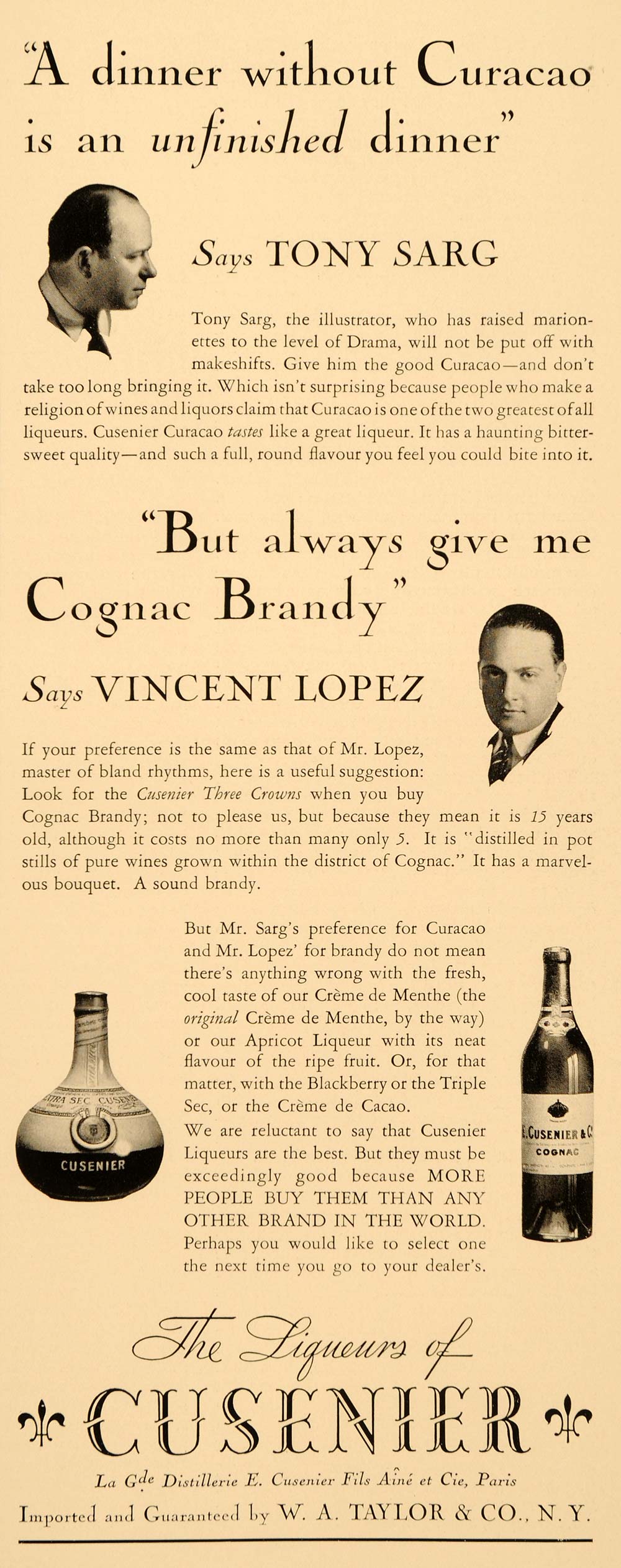 1934 Ad Curacao Tony Sarg Vincent Lopez Cognac Brandy - ORIGINAL FTT9