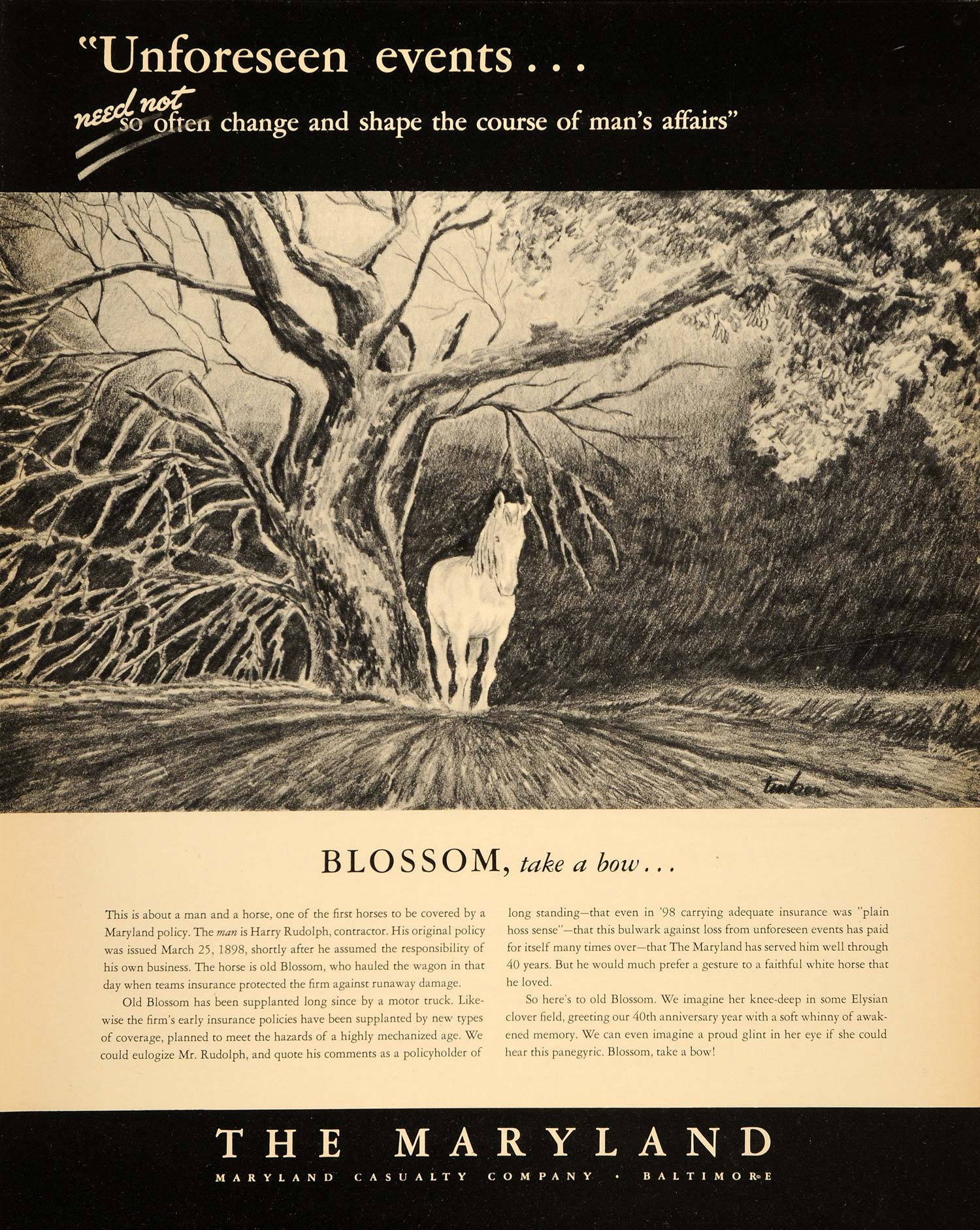 1938 Ad Maryland Casualty Horse Blossom Harry Rudolph - ORIGINAL FTT9 ...