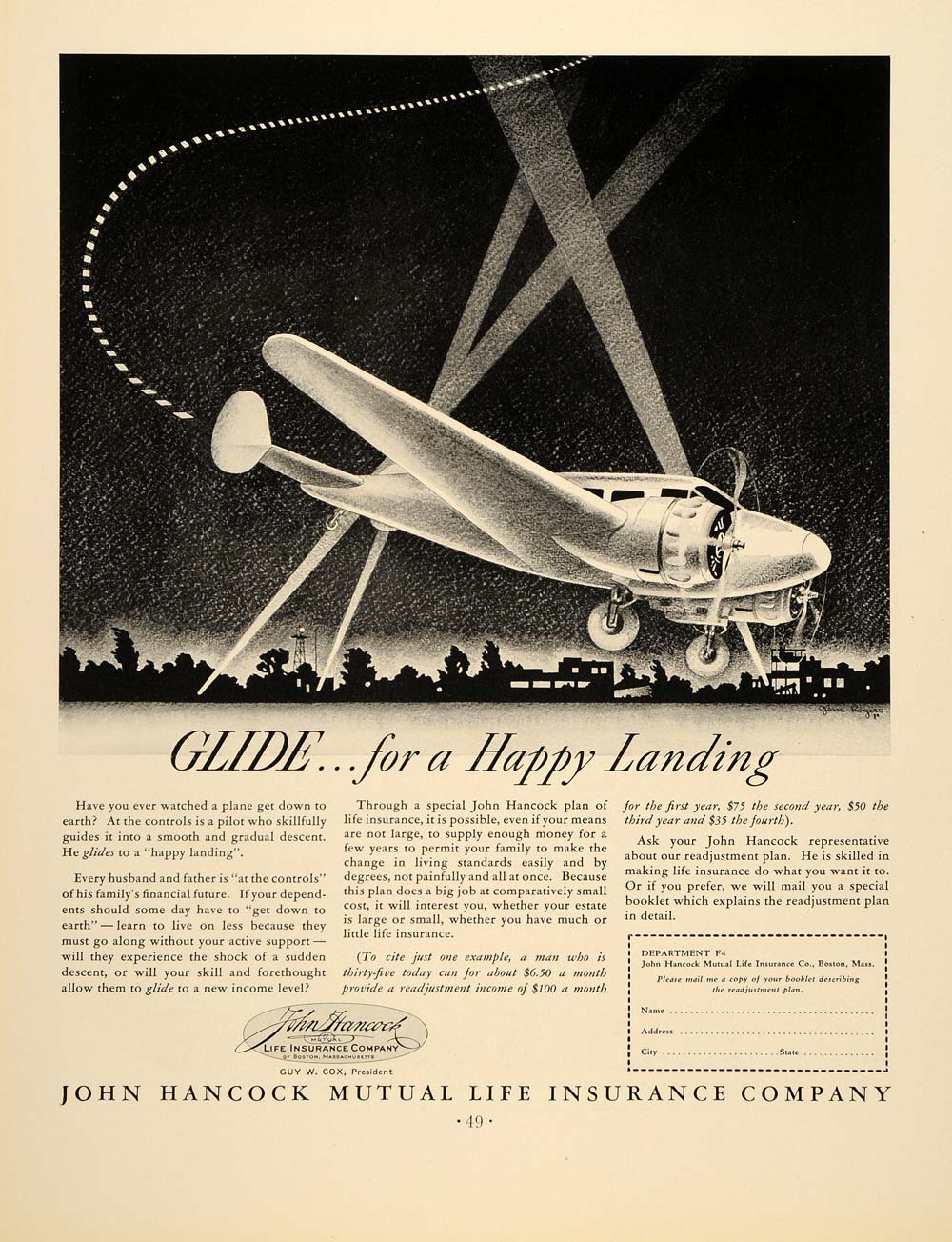 1938 Ad John Hancock Life Insurance Boston Airplane - ORIGINAL ADVERTISING FTT9