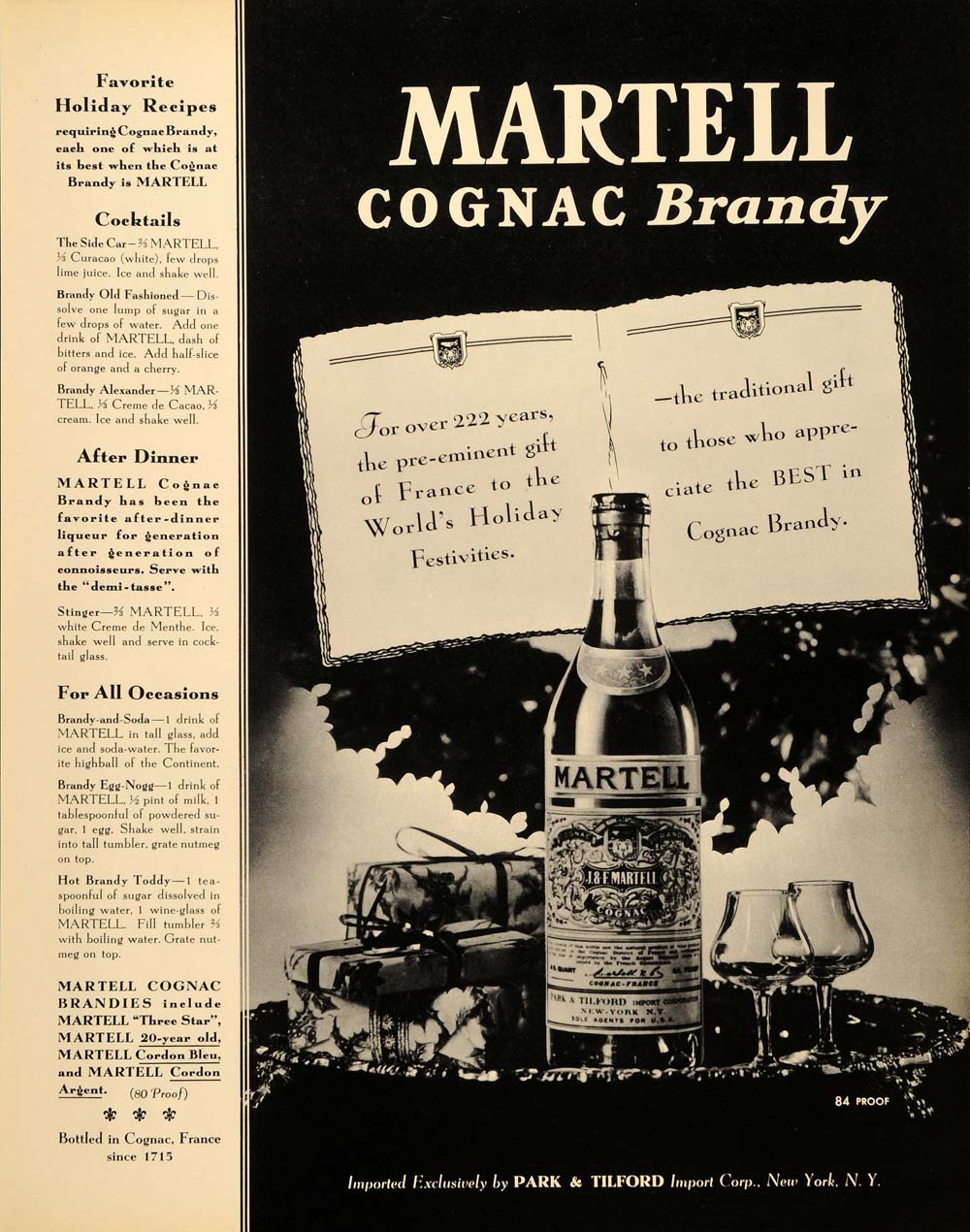 1937 Ad Martell Cognac Brandy Alcohol Park Tilford - ORIGINAL ADVERTISING FTT9