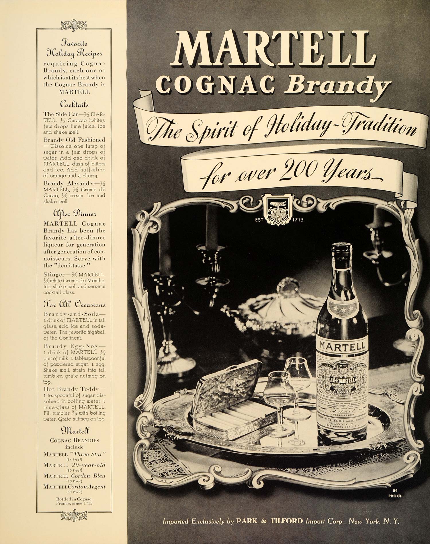 1939 Ad Martell Cognac Brandy Holiday Cocktail Drink - ORIGINAL ADVERTISING FTT9