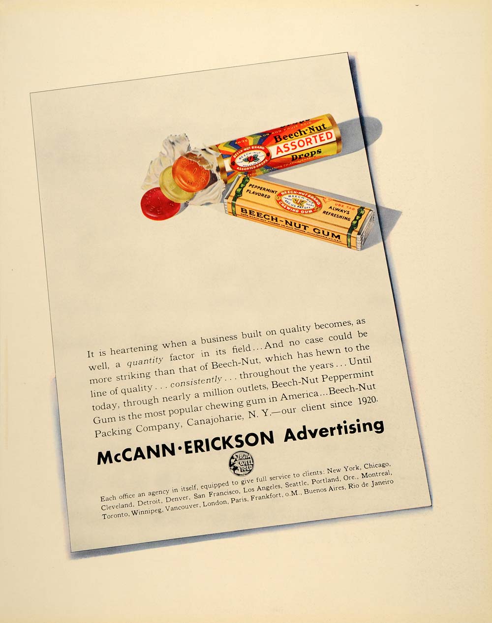 1937 Ad McCann Erickson Advertising Beech Nut Gum Drops - ORIGINAL FTT9