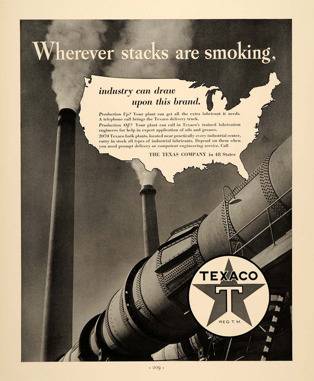 1937 Ad Smoke Stacks Texaco Lubricant Oil Gasoline Gas - ORIGINAL FTT9