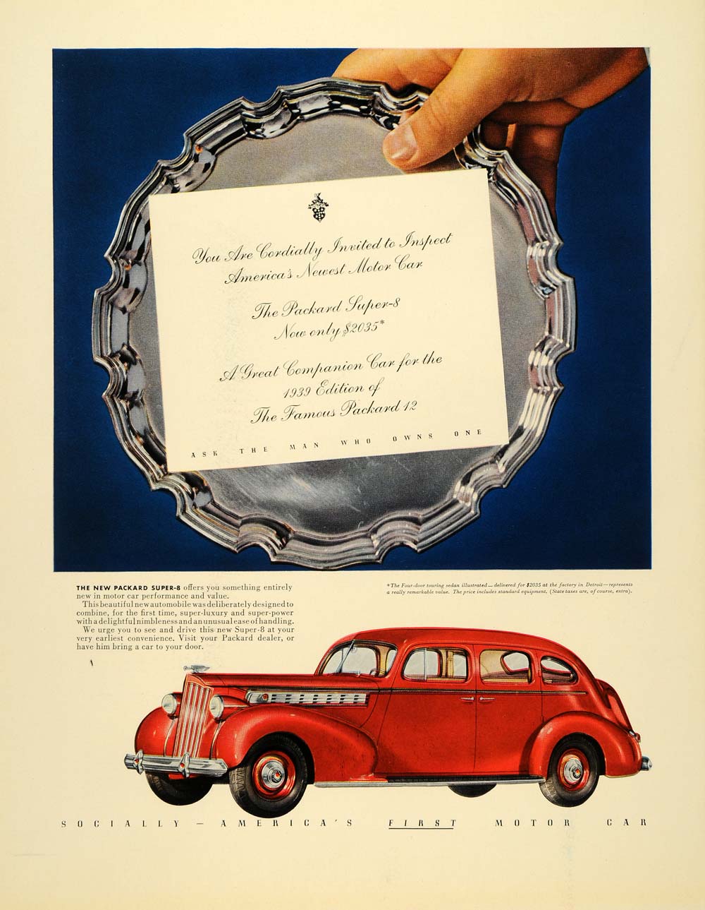 1938 Ad Packard Super 8 Silver Platter Automobile Red - ORIGINAL FTT9