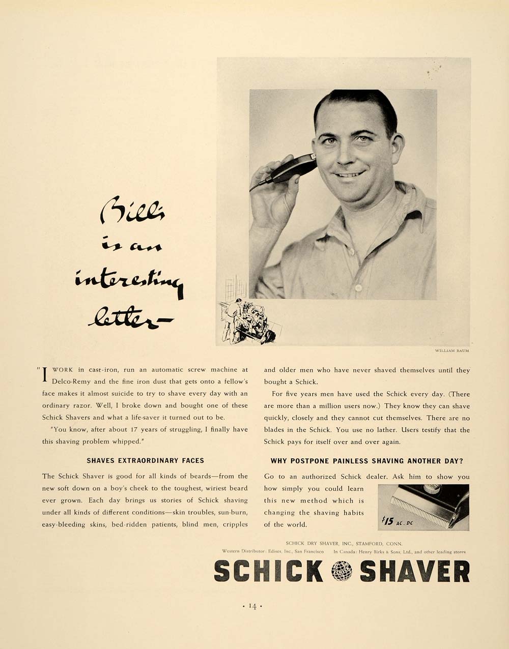 1937 Ad Schick Shaver Painless Razor William Baum - ORIGINAL ADVERTISING FTT9