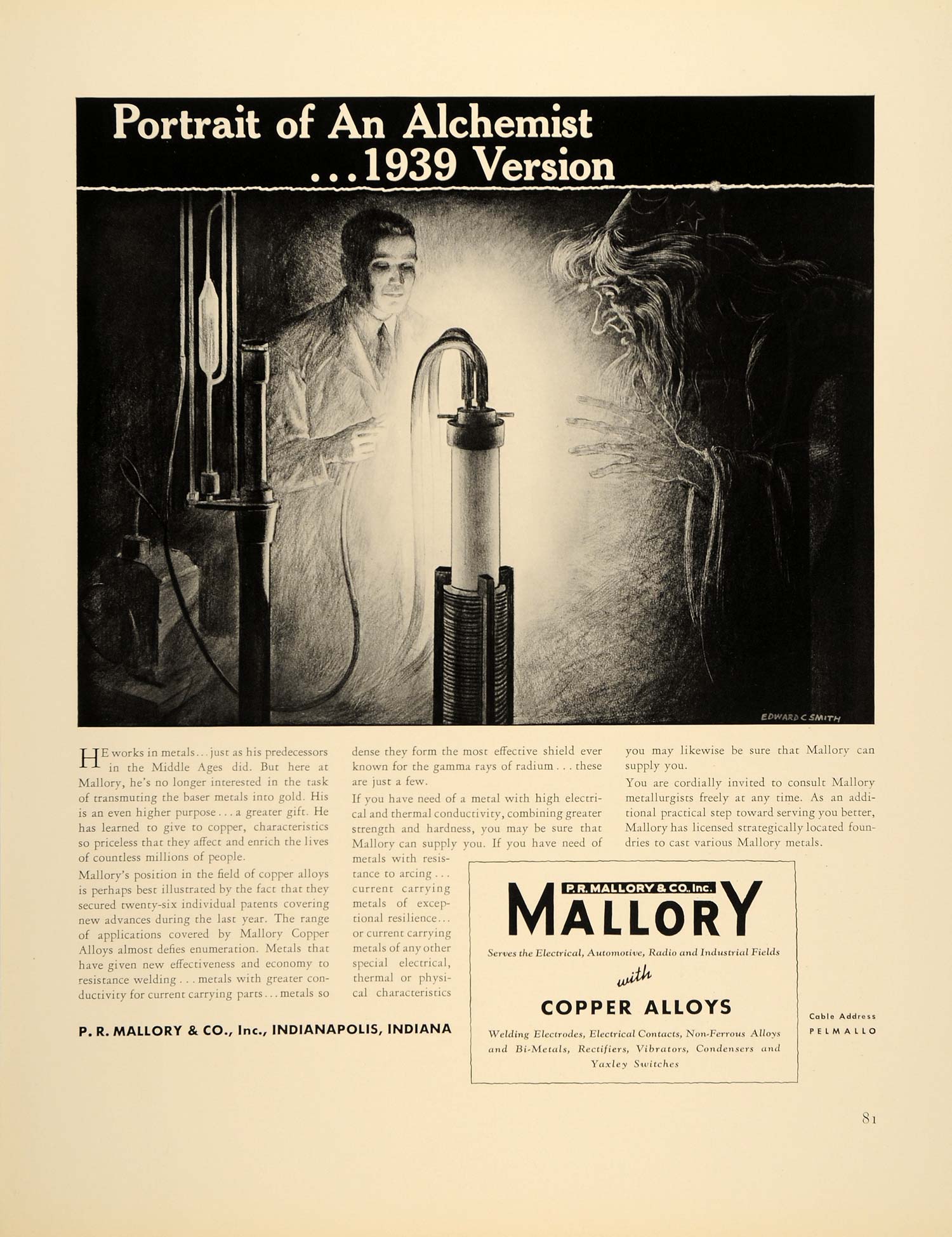 1939 Ad Alchemist P.R. Mallory Copper Alloy Scientist - ORIGINAL FTT9