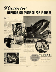 1937 Ad Aviation Airplanes Monroe Calculator Secretary - ORIGINAL FTT9