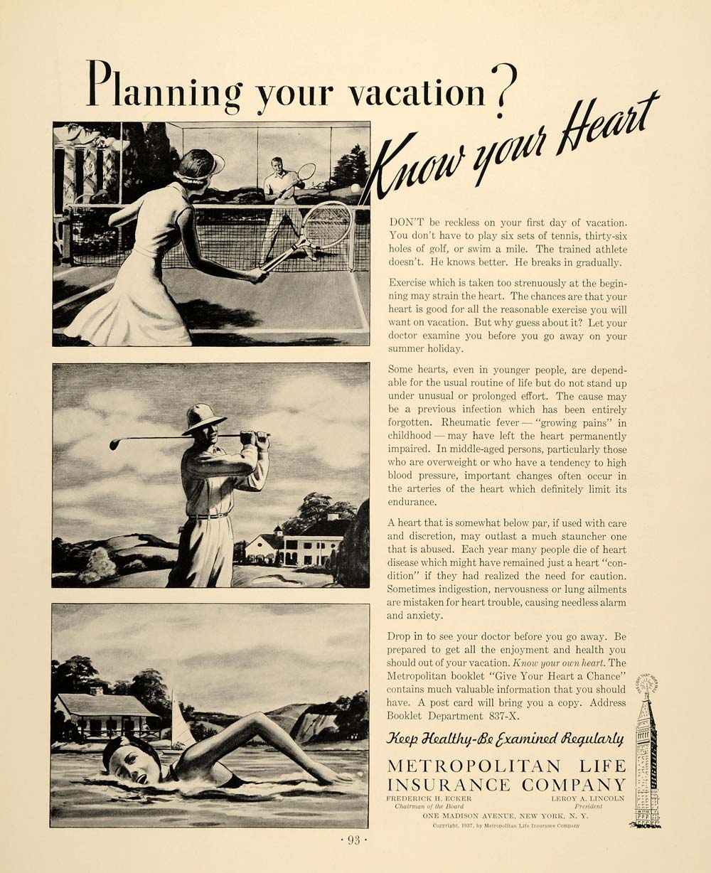 1937 Ad Tennis Golf Swim Metropolitan Life Insurance - ORIGINAL ADVERTISING FTT9