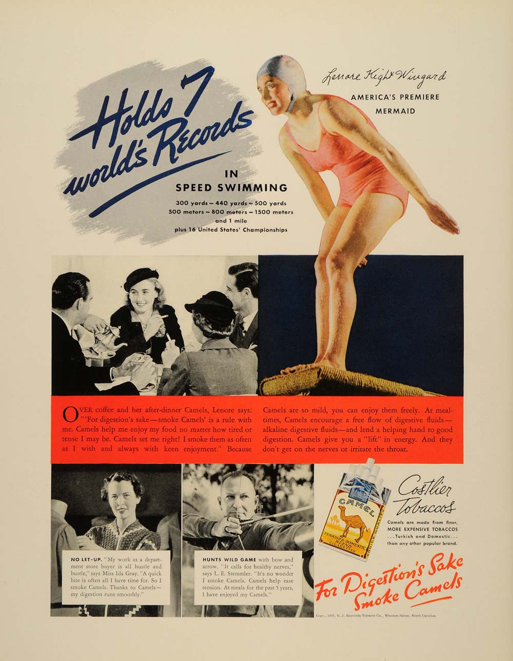 1937 Ad Swimming Camel Cigarettes Lenore Kight Wingard - ORIGINAL FTT9