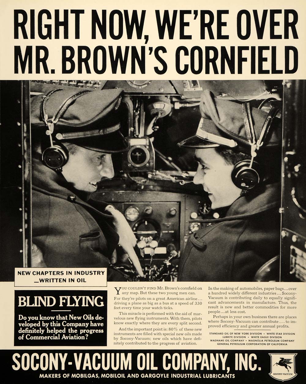 1937 Ad Socony Vacuum Oil Aviation Mr. Brown Cornfield - ORIGINAL FTT9