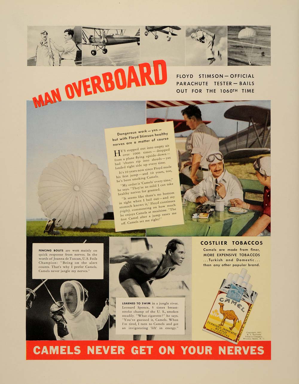 1937 Ad Camel Cigarettes Parachute Floyd Stimson - ORIGINAL ADVERTISING FTT9