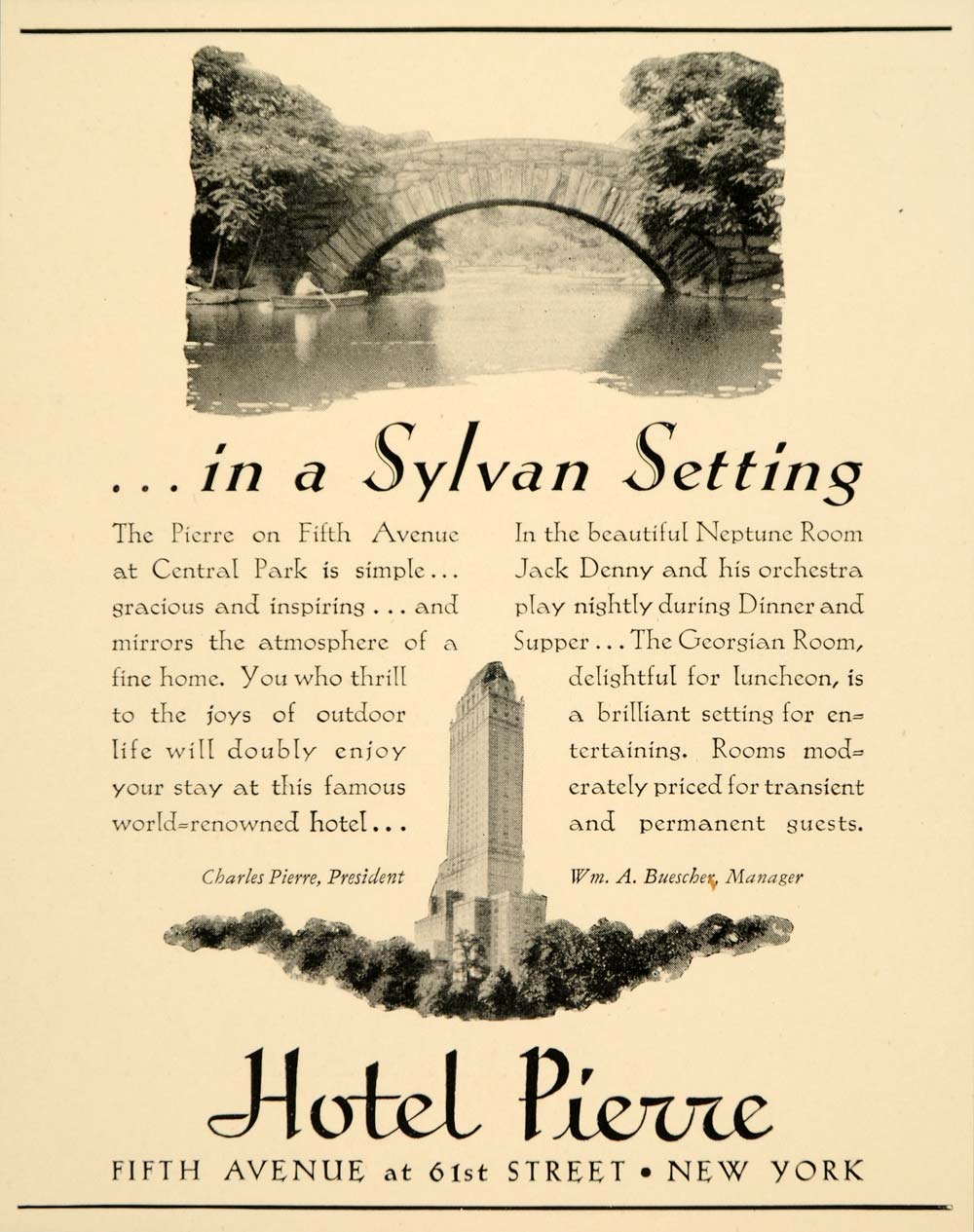 1934 Ad Hotel Pierre Fifth Avenue Central Park New York - ORIGINAL FTT9