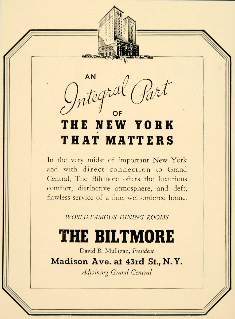 1937 Ad Biltmore Madison Ave New York D Mulligan Hotel - ORIGINAL FTT9
