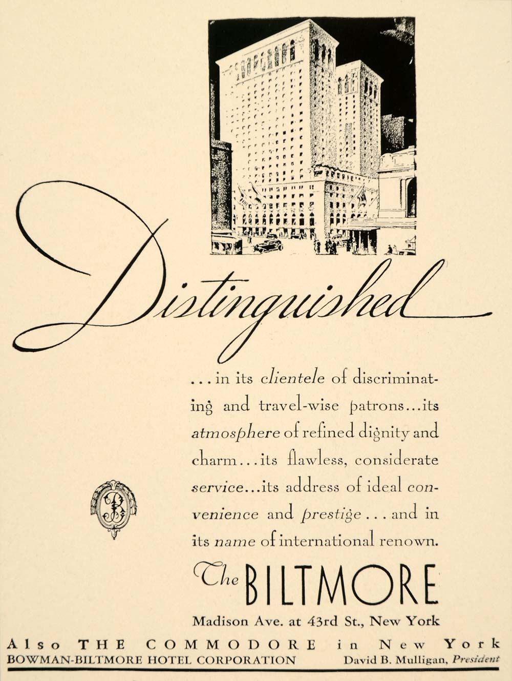 1934 Ad Biltmore Madison Avenue New York D Mulligan - ORIGINAL ADVERTISING FTT9
