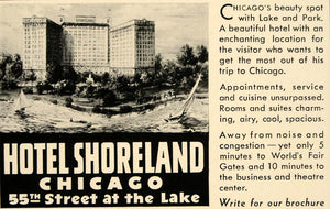 1934 Ad Hotel Shoreland 55th St Chicago Lake Michigan - ORIGINAL FTT9