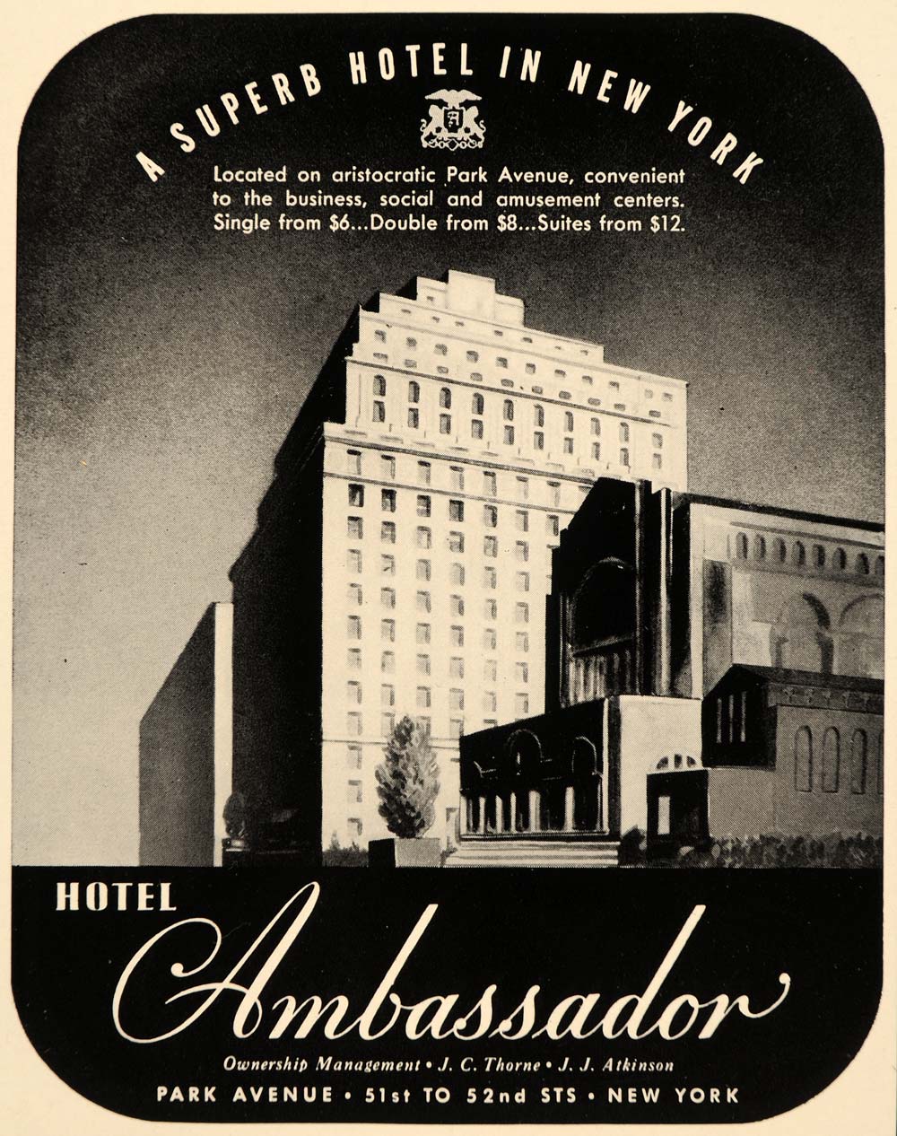 1939 Ad Ambassador Hotel Park Avenue Suites Lodging - ORIGINAL ADVERTISING FTT9