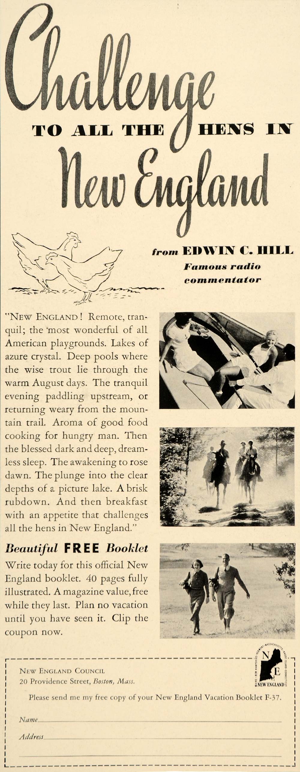1937 Ad New England Council Edwin C Hill Vacation Trip - ORIGINAL FTT9
