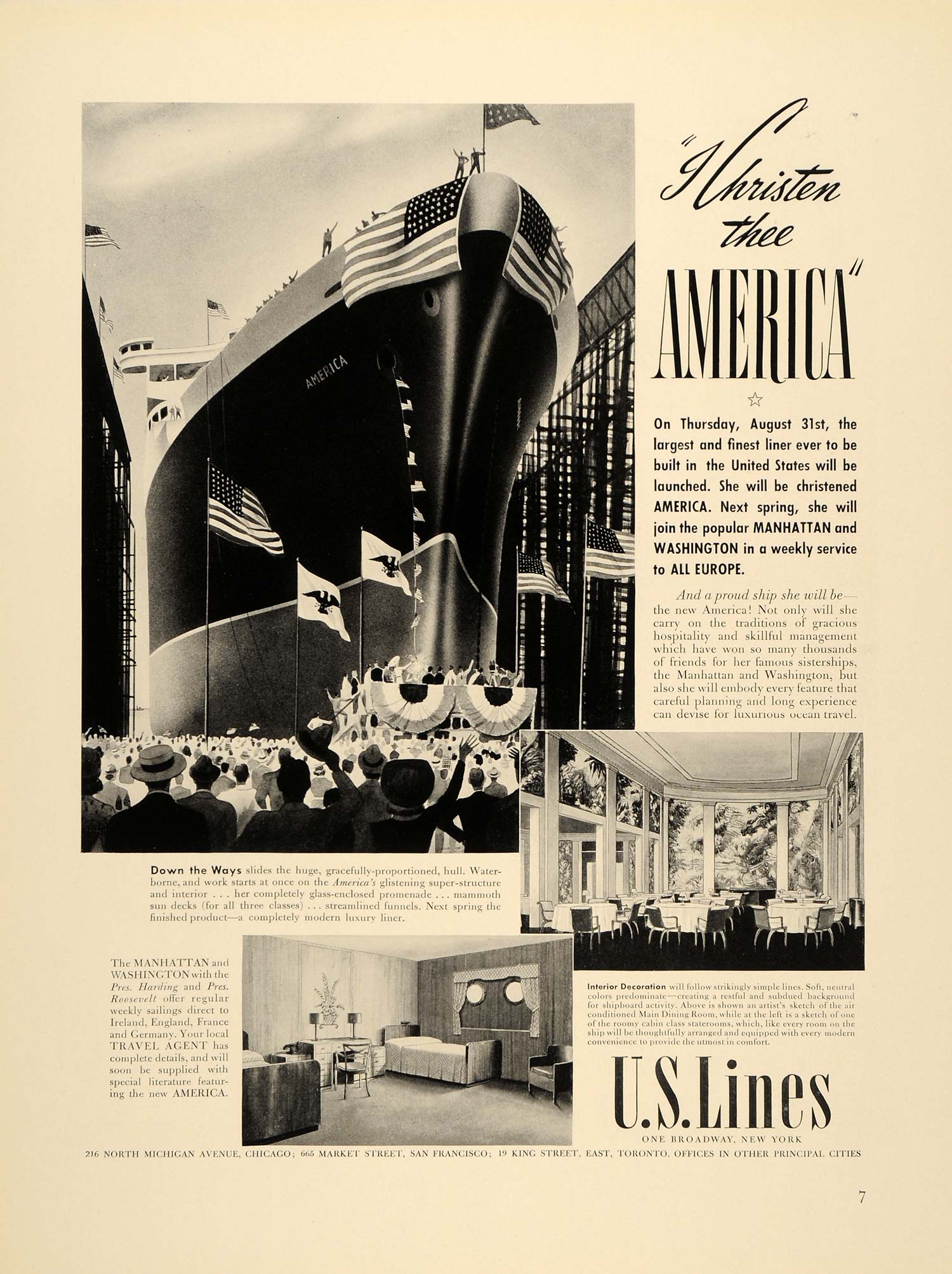 1939 Ad U. S. Cruise Lines Ship America Europe Travel - ORIGINAL FTT9