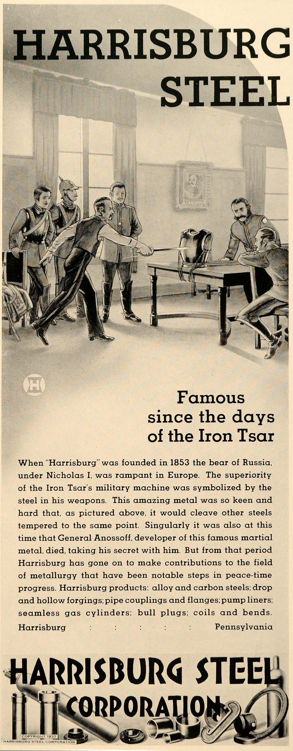 1937 Ad Harrisburg Steel Iron Tsar Metal Russia Czar - ORIGINAL ADVERTISING FTT9