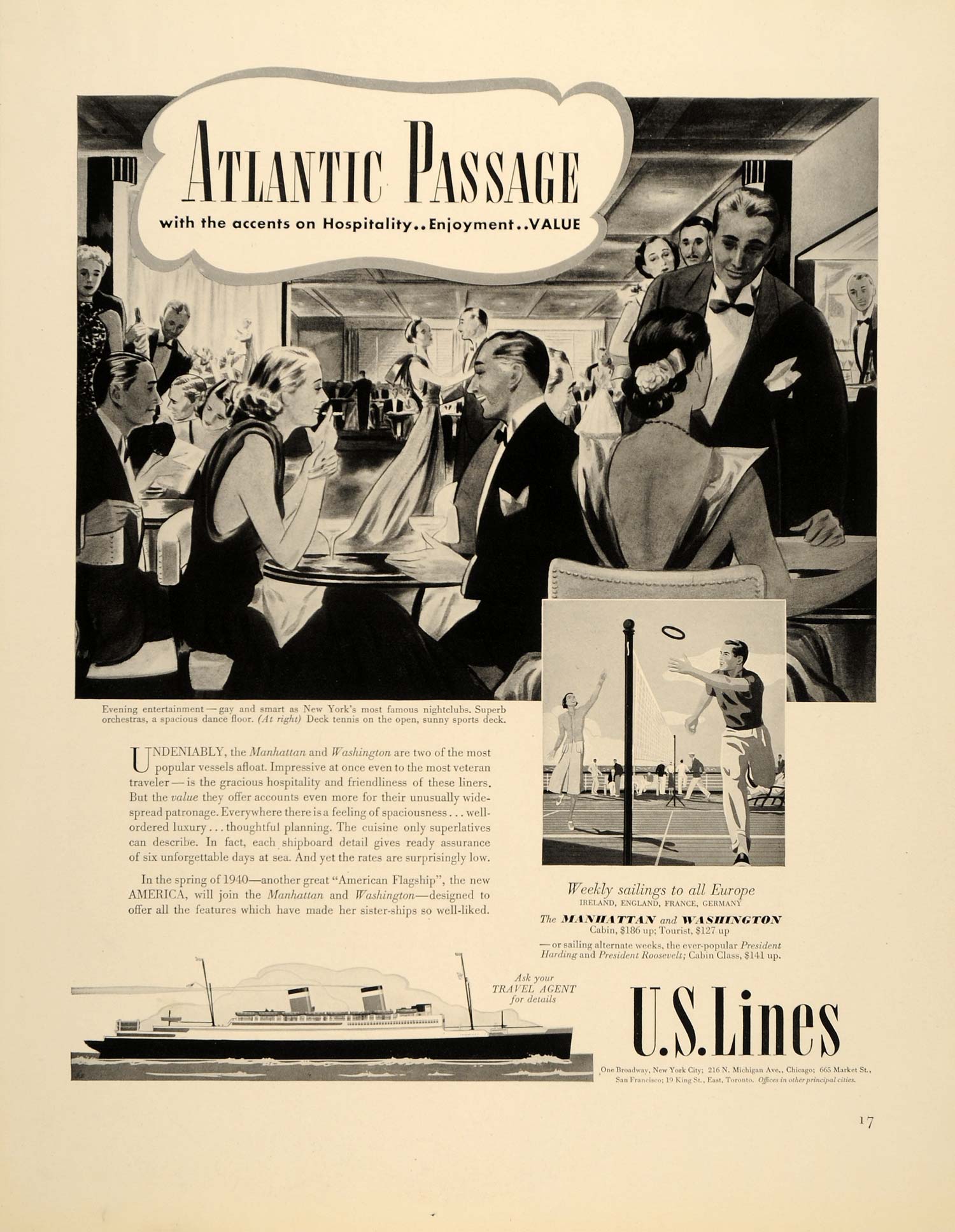 1934 Ad US Line Cruise Atlantic Passage Europe Ship SS - ORIGINAL FTT9