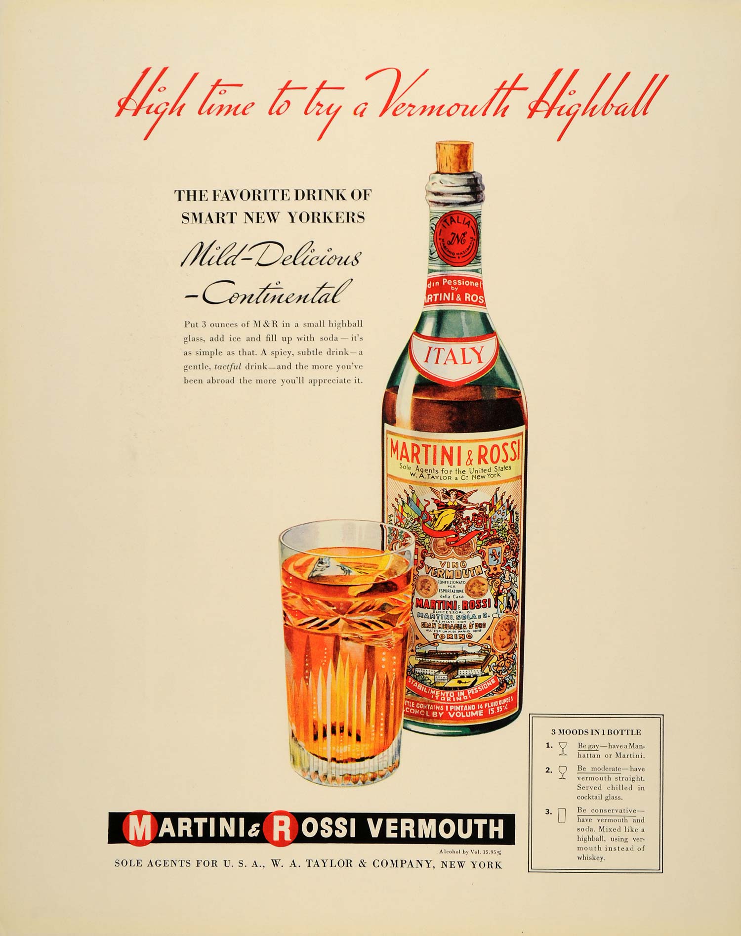 1939 Ad Vermouth Martini Rossi Highball Cocktail Liquor - ORIGINAL FTT9