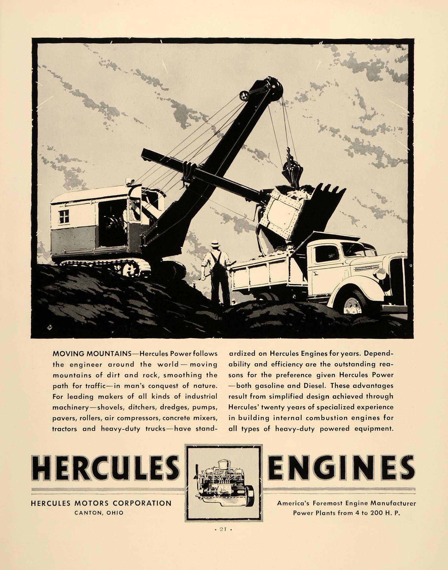 1937 Ad Hurcules Engines Motor Canton Ohio Construction - ORIGINAL FTT9