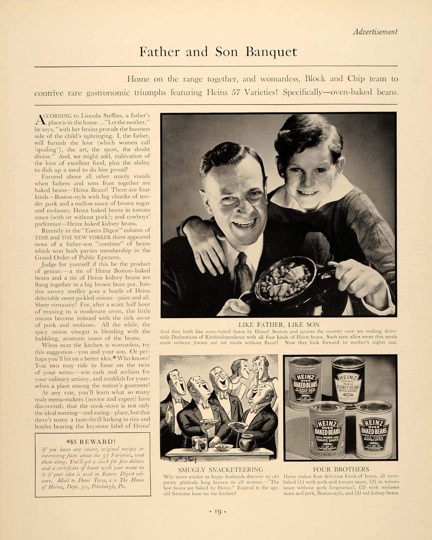 1937 Ad Father Son Banquet Heinz 57 Baked Beans Variety - ORIGINAL FTT9