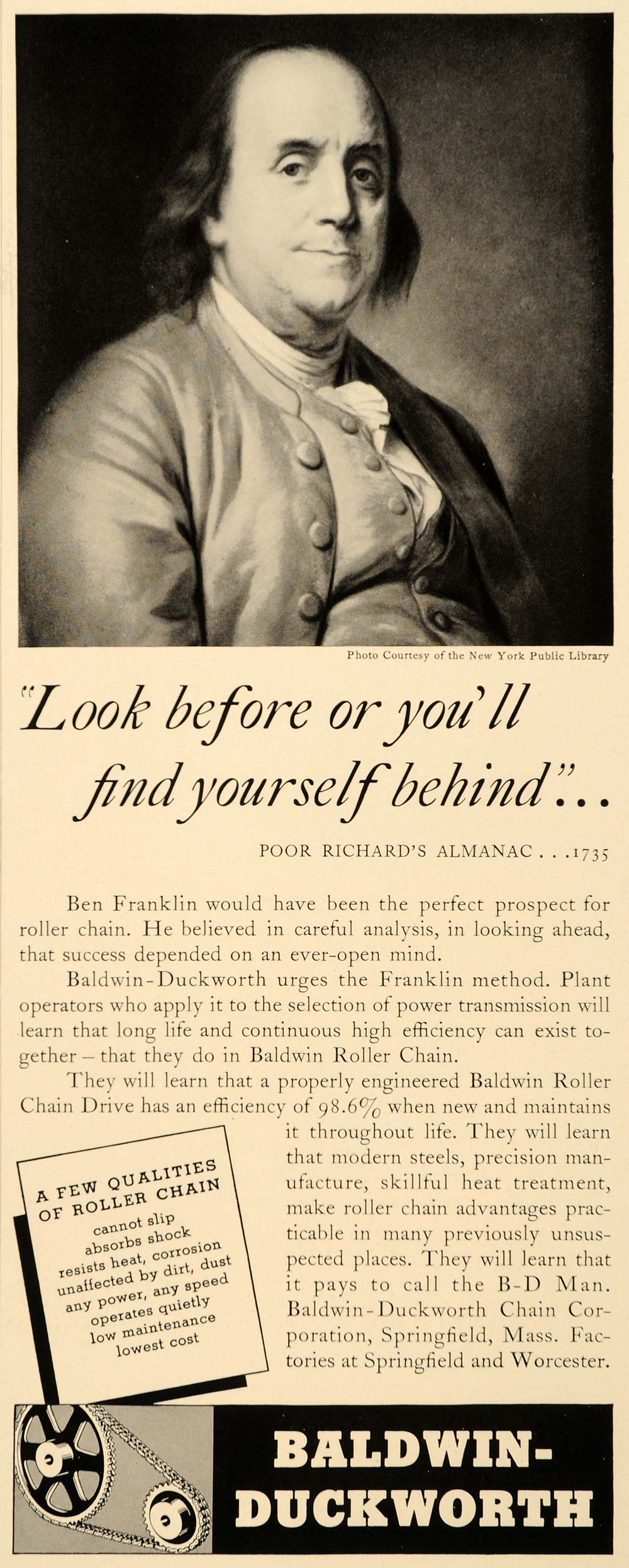 1939 Ad Baldwin-Duckworth Roller Chain Ben Franklin - ORIGINAL ADVERTISING FTT9