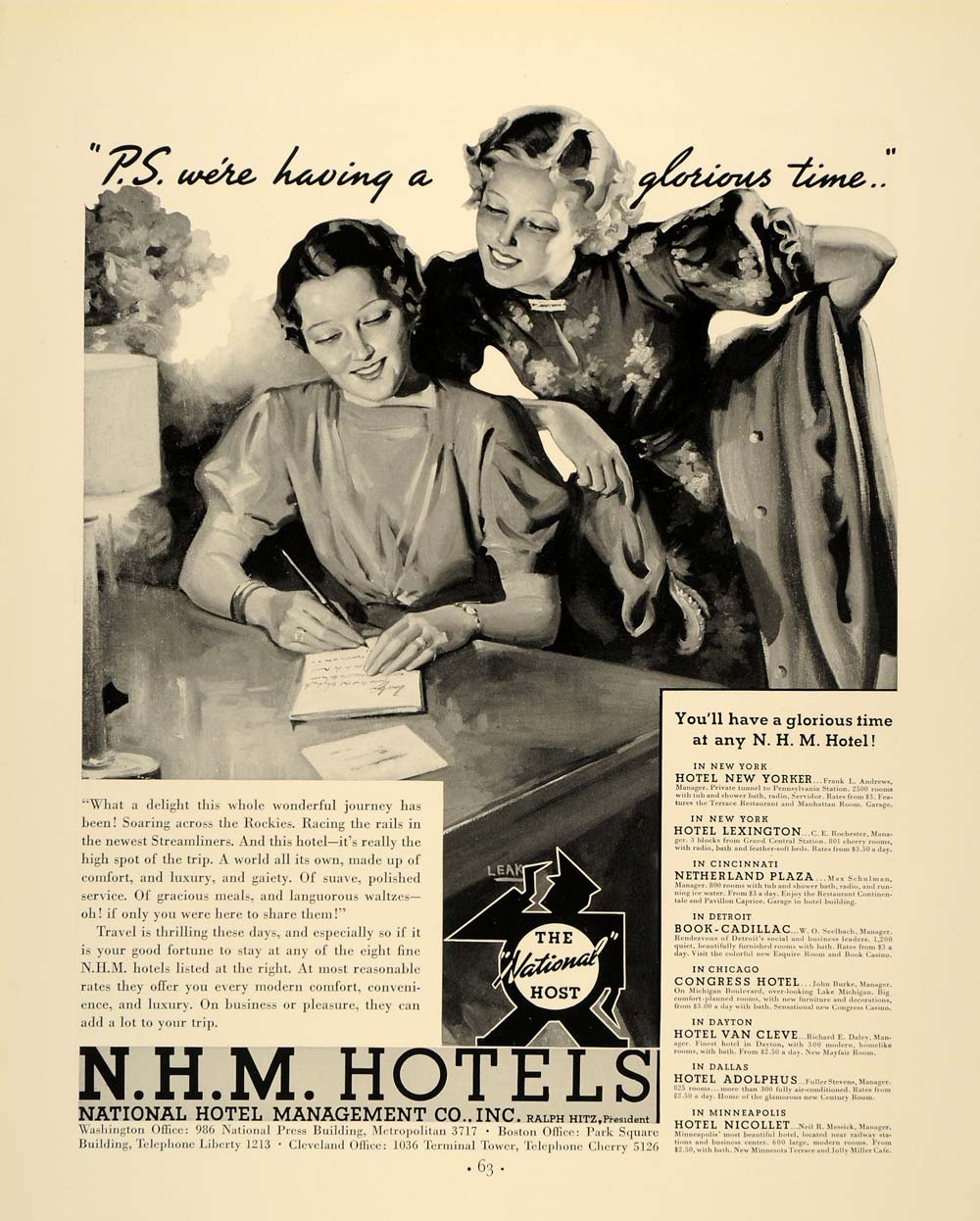 1937 Ad NHM Hotels Nicollet Congress Cleve New Yorker - ORIGINAL FTT9