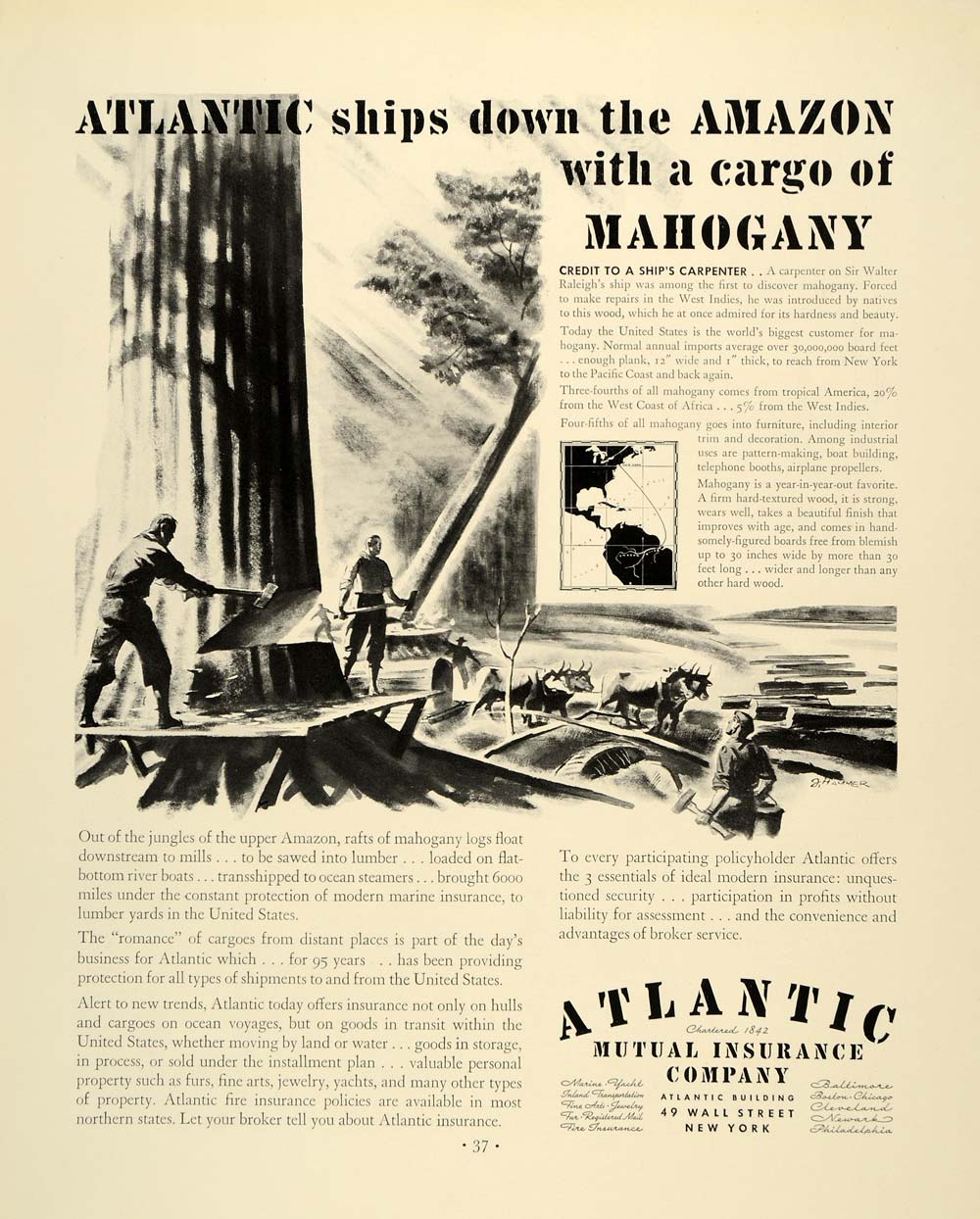 1937 Ad Cargo Ship Logging Atlantic Insurance Carpenter - ORIGINAL FTT9