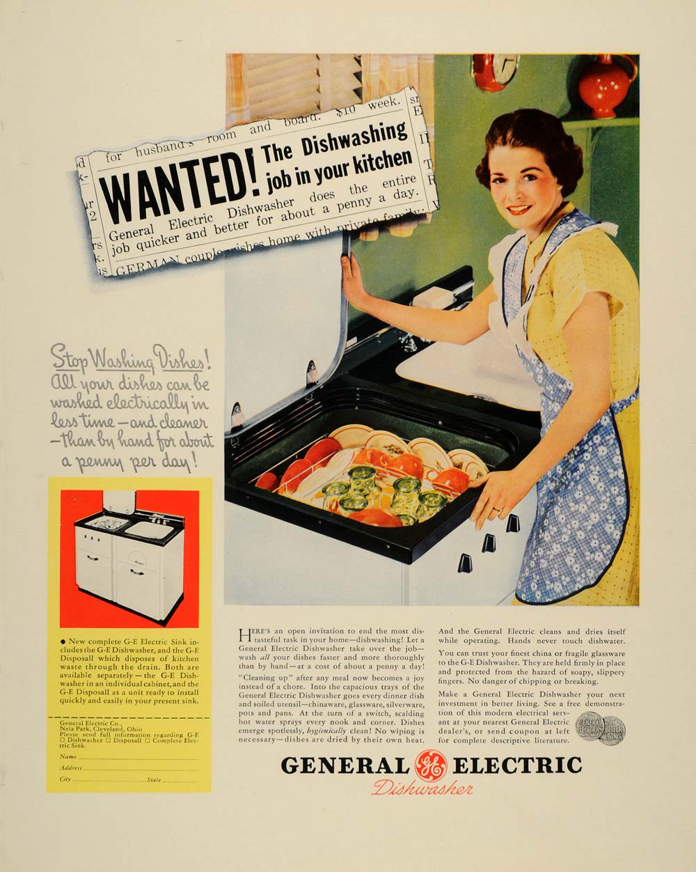 1937 Ad General Electric Cleaning Dishwasher Appliances - ORIGINAL FTT9