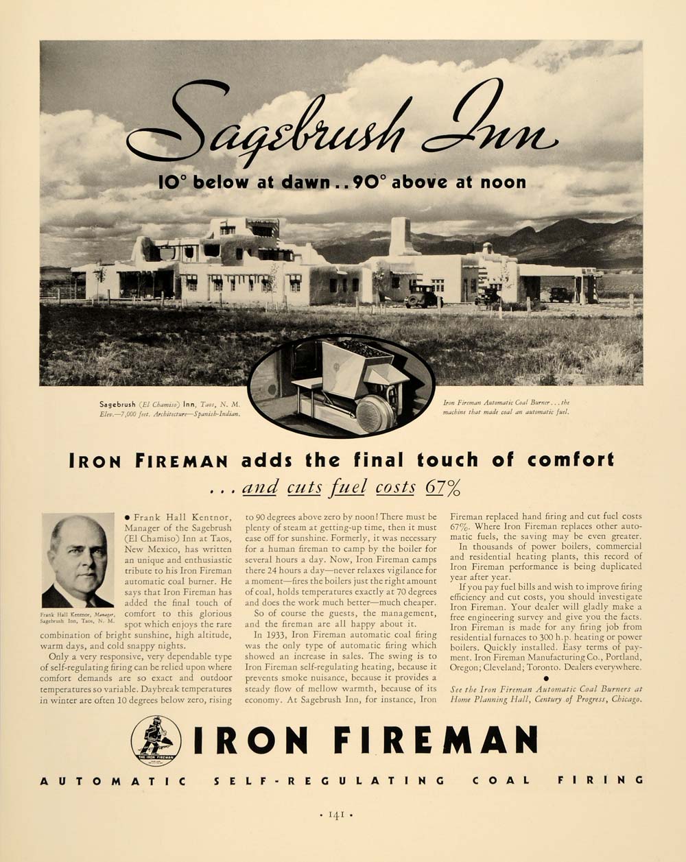 1934 Ad Sagebrush Inn Iron Fireman Coal Automatic - ORIGINAL ADVERTISING FTT9